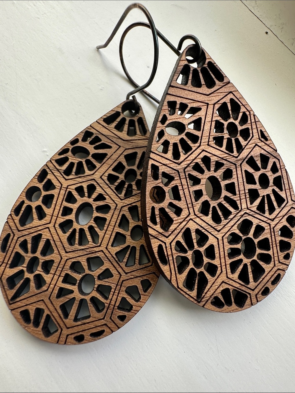 Brown Filigree Teardrop Wood Earrings - Women Jewelry